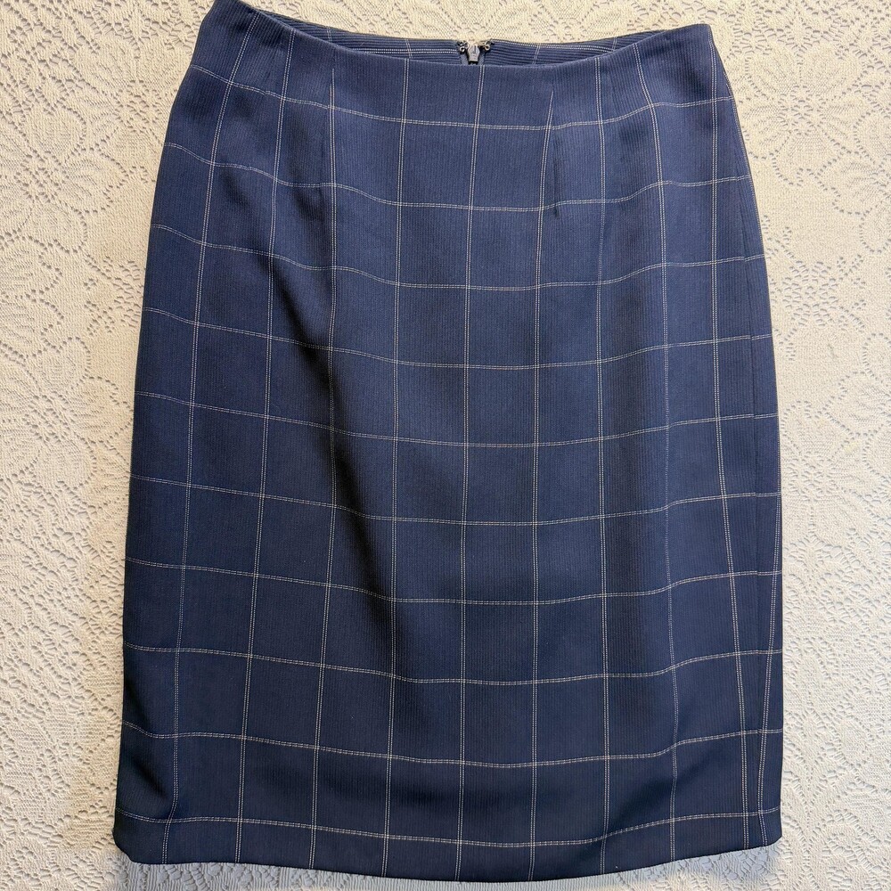 Lord & Taylor Skirt Womens 4 Blue Plaid Twill Lined Straight Pencil Knee Length